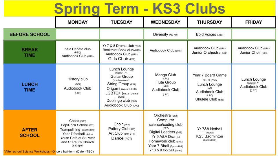 Spring ks3 clubs