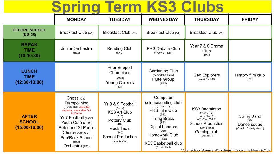 2024 spring ks3 clubs