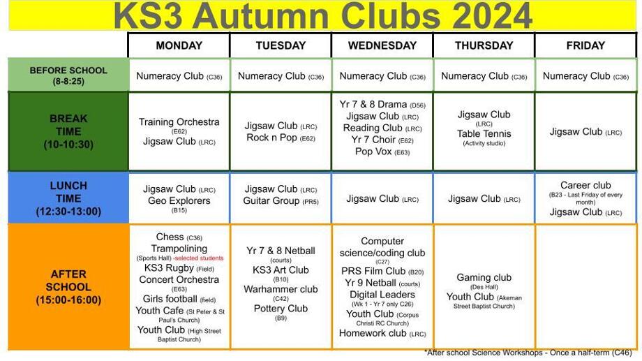 2024 Autumn KS3 Clubs