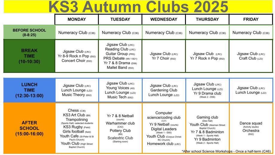 2025 KS3 club timetable
