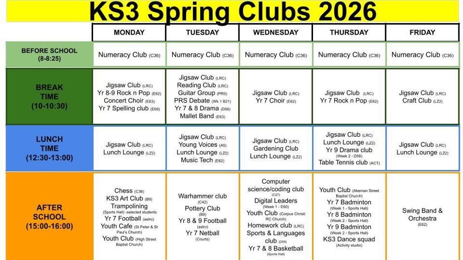 Spring clubs KS3